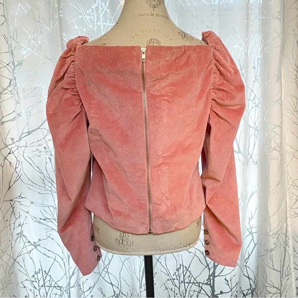 LPA pink Corduroy Zip Up Bustier long puffy puff sleeve square neck top - Picture 7 of 15